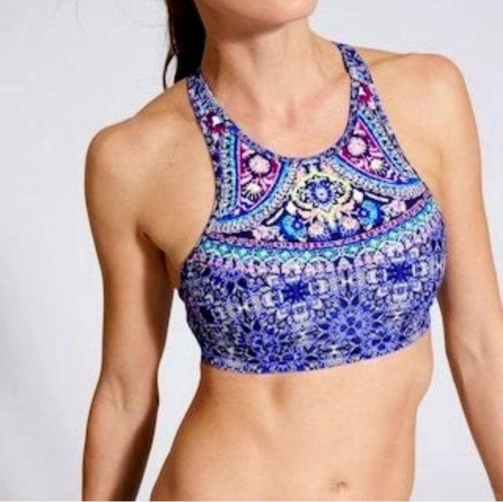 Athleta Baja Blue High Neck Swimsuit Bikini Top Underwire Cups 34D 34DD